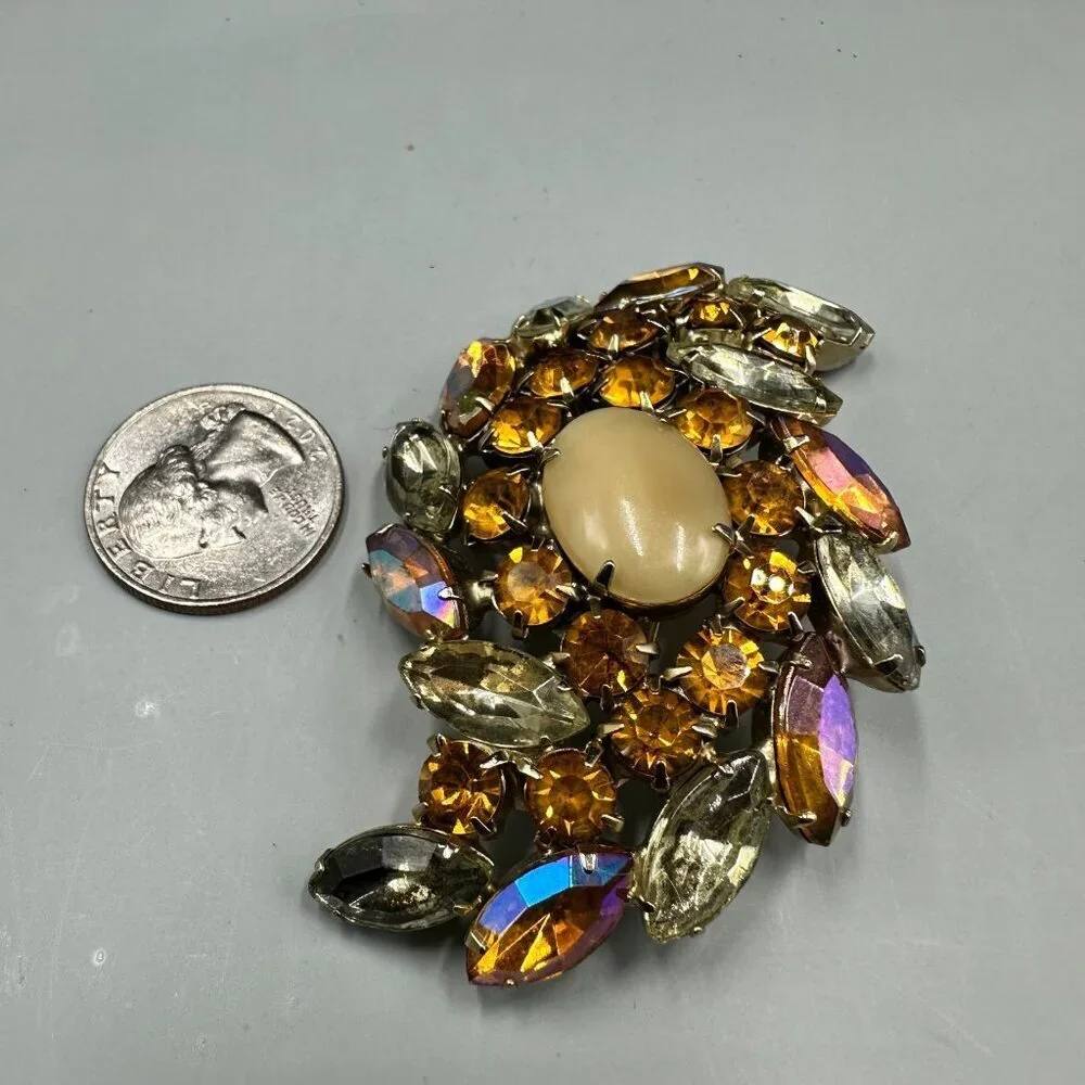 Vintage Amber Color Rhinestone Brooch Silver Tone Navette Aurora Borealis